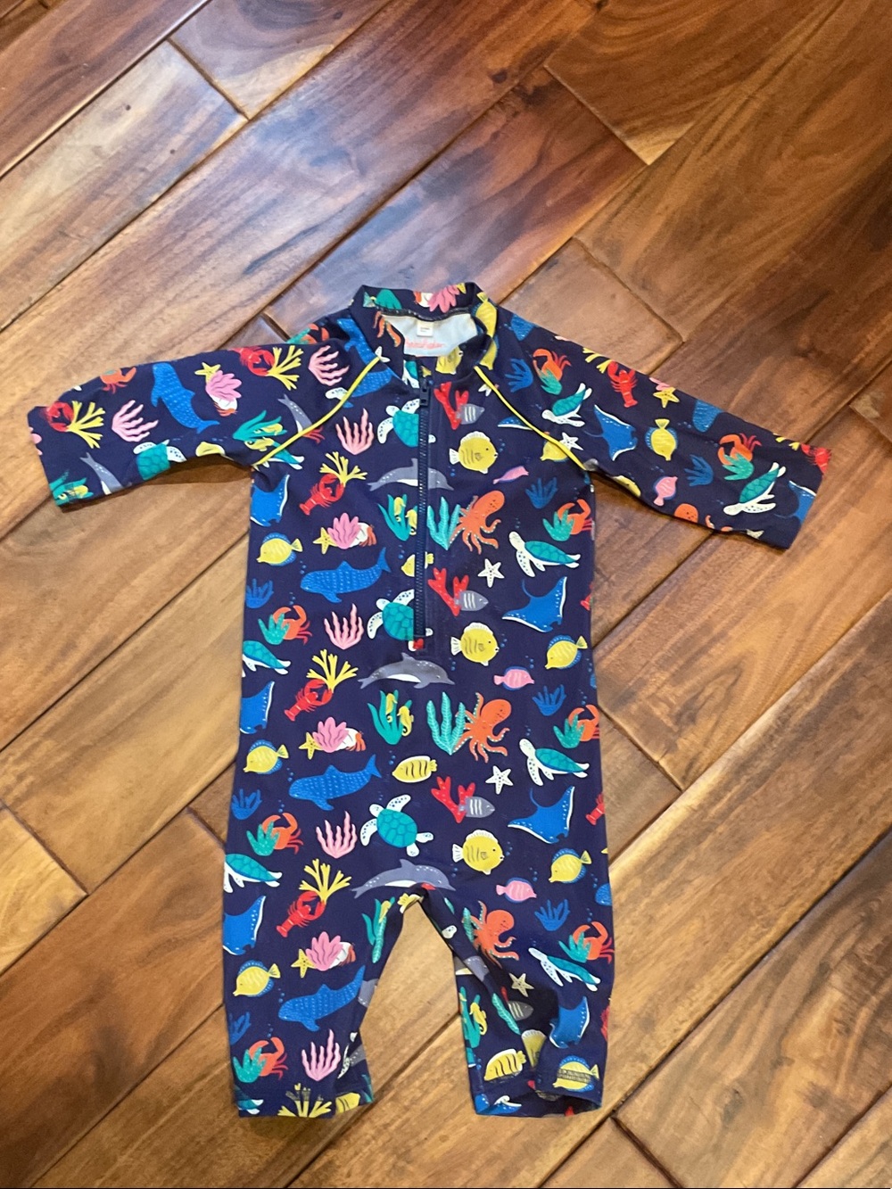 Baby Boden Navy Rashguard One-Piece with Colorful Sea Life Print